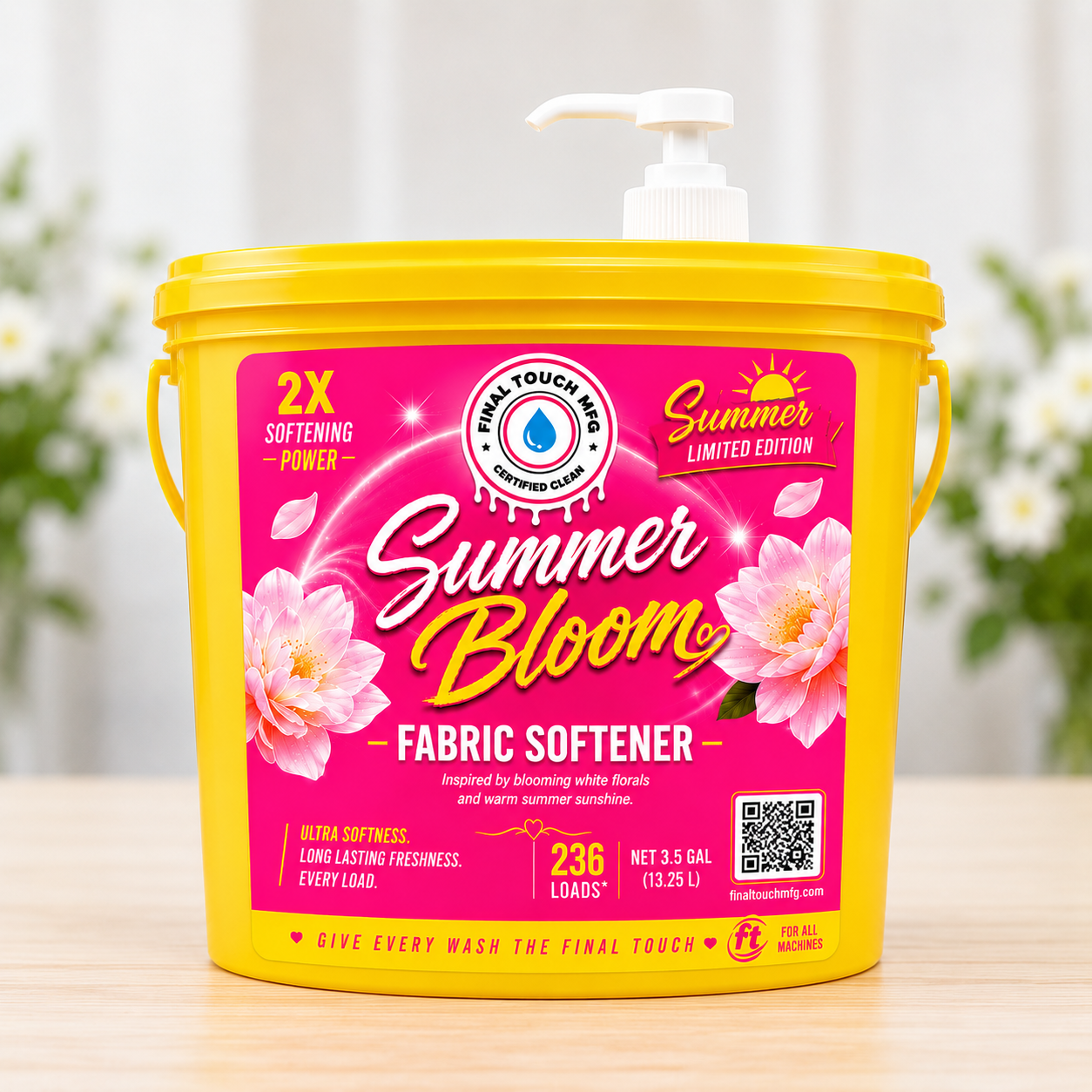 Summer Bloom Fabric Softener 3.5 gallon bucket with white pump